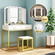 Large Vanity Dressing Table Makeup Desk Set with 10 LED Lighted Mirror Stool 2 Drawers White