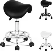 ALFORDSON Salon Stool Sierra Saddle Swivel Drafting Rolling Stools with 50-64.5cm Height Adjustment PU Leather Spa Stool with Footrest Wheels Backless Barber Chair Hair Dress SPA Massage (Black)