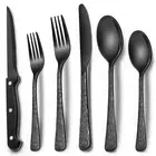 Black Hammered Silverware Set With Steak Knives, 24-Piece Stainless Steel Tre...