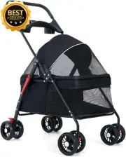 4-Wheel Dog Cat Stroller, Foldable with Storage Basket & Cup Holder, Black