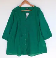New Autograph Top 16 Womens Green Textured Polka Dot Button Up Pintuck Cotton