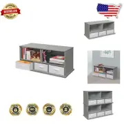 Versatile Toy Organizer with Five Shelves and Three Gray Fabric Storage Bins