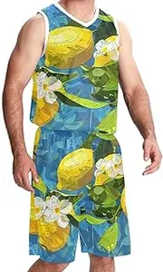 [KQNZT] Basketball Jersey with Shorts, Outfit Tank Top Track Shorts, Athletic Shirts for Team Scrimmage, Lemon Flower Fruit