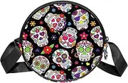 [FVQL] Round Crossbody Bag Purse Messenger Bag Shoulder Bag, Floral Pattern Skull Seamless Pattern
