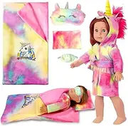 18-inch Doll-Clothes and Doll-Sleeping-Bag Set - Unicorn-Pajama with Matching Sleepover Masks & Pillow - Compatible with American-Girl-Doll-Clothes, Our-Generation, My-Life Dolls Accessories for Kids