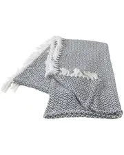 LR Home Blue And Ivory Diamonds Fringe Throw Blanket