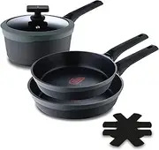 [MasterPro] Gastro Reeco | Set of 5 | 3 x 20, 24 and 28 cm Non-Stick Frying Pans and 16 cm Saucepan with Lid | Heatdot | Recycled Cast Aluminium | Suitable for All Hobs