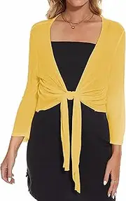 [Satuun] Women's Tie Front Bolero Cardigan Shrug Sweater 3/4 Sleeve Knotted Lightweight Short Shawl Tops