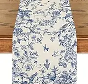 Blue and White Table Runner, Sketch Birds and Floral Table Runner, Linen Table Runners 72 Inches Long, Retro Dining Room Table Runner for Kitchen Restaurant Decor Table Runners 72 Inches Long Linen