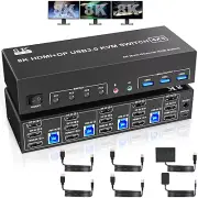 ✅ 8K DP Displayport USB 3.0 KVM Switch 4x3, 3 Monitors 4 Computers, 4K@144Hz ✅