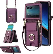 Case for Moto Razr 50 Ultra, Lanyard Leather Case with Built-in Finger Ring Holder and Card Slot (for Razr 50 Ultra,Fuchsia)