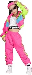 [LOLANTA] 3pcs Girls Hip Hop Clothes, 80'S Retro Colorblock Tracksuit, Crop Tank Top, Zipper Jacket, Jogger Trousers, 4-13 Years