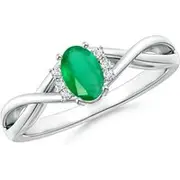 Oval Emerald Crossover Engagement Ring with Diamond Accents