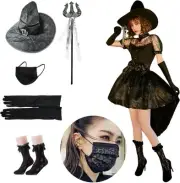 Witch Costume Set Goth Lolita Halloween Ladies Black Dress Accessories Free Jap