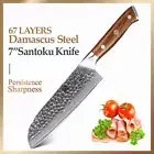 Full Tang Santoku Knife 67 Layers Damascus Steel Wood Handle Hammered Chef Slice