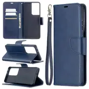 For Samsung Galaxy S21 Ultra Case Lambskin Texture Folio PU Leather Wallet Cover, Kickstand, Lanyard, Blue