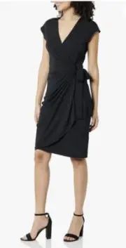 Amazon Essentials L Black Wrap Dress Tie Cap Sleeve Classic Fit V Neck