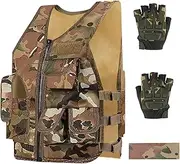 [Green Bean] Kids Outdoor Tactical Vest, Children's Combat Vest Adjustable Breathable Vest with Kids Half Finger Short Gloves