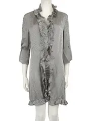 Black & White Silk Striped Ruffle Trim Robe