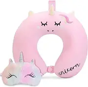 [OBloved] Kids Travel Pillow,Unicorn Toddler Neck Pillow for Kids Traveling with Eye Mask,U-Shaped Airplane Flight Car Head Neck Support Memory Foam Pillow for Adults,Gifts for Children,Boys,Girls (Pink)