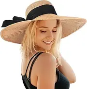 [Cauplse] Summer Straw Beach Cap Bow-Knot Sun Hats for Women, Women's Floppy Wide Brim Beach Hats with UV UPF 50+ Protection Roll-up Foldable Straw Cap, Straw Golf Visor Hat Khaki