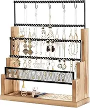 Lolalet Earring Holder Stand, 5 Tiers Jewelry Organizer with 260 Holes Rack for Stud Dangle Hoop Earring Necklace Bracelet Wooden Rustic Display Storage with Velvet Ring Tray -Nature