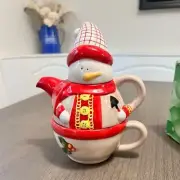 Snowman stackable teacup and teapot for one