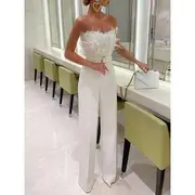 Strapless Plain Feather Accent Wide Leg Jumpsuit White - S