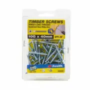 Zenith 10G x 40mm Zinc Plated Hinge-Long Thread Countersunk Head Timber Screws -