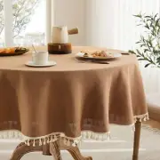Linen Tablecloth with Tassels Farmhouse Style Brown Tablecloth Water Resistan...