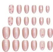 Press Nails Short | Glossy Pink Glitter Fake Nails,Glue Nails for Women Girls, Fake Nails Set with Strawberry Bowknot Design