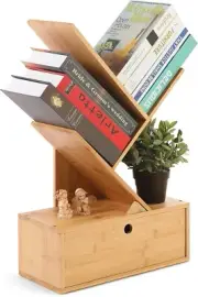 HYNAWIN Bamboo Tree Bookshelf w/Drawers 3-Tier Desktop Rack for Books&CDs&Files