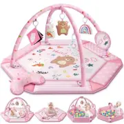 Baby Gym Play Mat, 8-in-1 Tummy Time Mat & Ball Pit with 6 Toys, Washable Pink