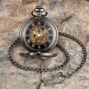 Black Roman Number No Battery Hand-Winding Mechanical Pocket Watch for Women Men