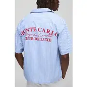 Mens Blue Tall Oversized Monte Carlo Embroidered Revere Stripe Shirt