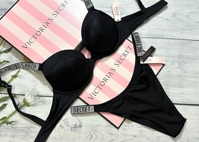 VICTORIA'S SECRET SWIM Shine Strap Sexy Tee Push-Up Bikini Brazilian Set Black