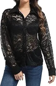 [SUNNOW] Womens Black Elegant Long Sleeve Lace Blouse V Neck Button Down Sheer Top with Floral Lace Trim Slim Fit Shirt