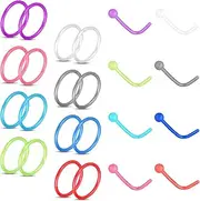 [Longbeauty] 24 Pieces Nose Piercing Earrings Nose Rings Set Stud Nostril Piercing Colourful Acrylic 20G L Shape Straight Stud Earrings Spiral Retainers