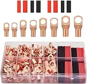 100Pcs Copper Wire Lugs with Heat Shrink Set, 6/8/10/12AWG, 50Pcs UL Listed Battery Cable Closed Ends Bare Copper Eyelets Tubular Ring Terminal Connectors with 50Pcs Heat Shrink Tubing Black, Red