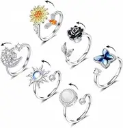 [KOHOTA] Fidget Rings for Women Spinner Ring for Anxiety Adjustable CZ Sunflower Butterfly Rose Star Moon Stress Relief Open Rings Set…