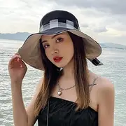 [Ling88] Summer Women Plaid Bowknot Sun Hats Double Sided Foldable Anti-Uv Beach Hat Panama Fisherman Hat Female Large Brim Floppy Caps Sun Hat Big Brim Hat-4