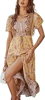 [BROVAVE] Women's Summer Casual Bohemian Floral Print Short Sleeve V Neck Flowy Midi Dress with Slit