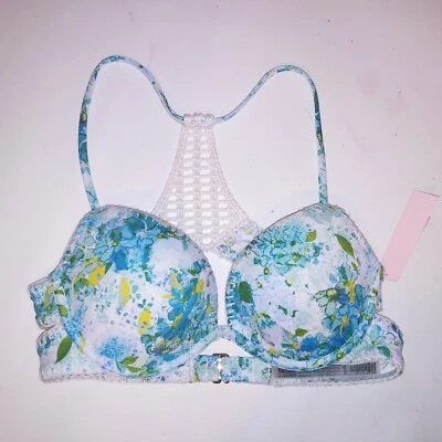 Victoria Secret Swim Bikini Top 32C Push Up Padded Blue White Floral Macrame New