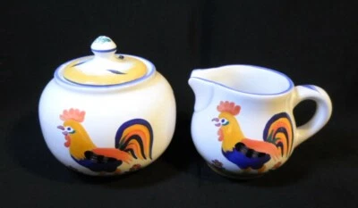 Vtg PRESENT TENSE ROYAL ROOSTER CREAMER & SUGAR BOWL HEREND Hand Painted Hungary