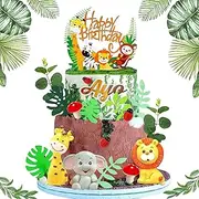 30PCS Safari Jungle Wild Animals Cake Toppers With Mushroom, Spring Insect, Animal Toys, Happy Birthday Topper, Leaves for Girls and Boys Jungle Themed Party Baby Shower Supplies