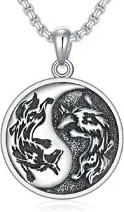 Wolf Necklace 925 Sterling Silver Witcher Medallion Yin Yang Gifts for Men Women