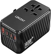 LENCENT 140W Universal Travel Adapter, International Plug Adaptor, GaN Fast Charger with 3 PD3.1 Type C+1 QC USB A, All in One Travel Essentials, Worldwide Outlet Converter for USA/UK/EU/AU, Black