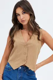 Beige Stripe Top Waistcoat Sleeveless V Neck Button Up Relaxed - Size 14, Women's Top