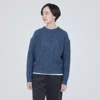 在飛比找博客來優惠-【MUJI 無印良品】女美麗諾羊毛麻花織紋圓領針織衫 S 藍