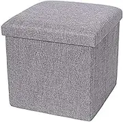 Foldable Storage Stool, Fabric Folding Versatile Linen Small Storage Box with Foam Seat, Space-Saving Cube Footrest Seat, Storage Ottoman Cube for Bedroom Living Room, 9.8"x9.8"x9.8", (Linen Gray)